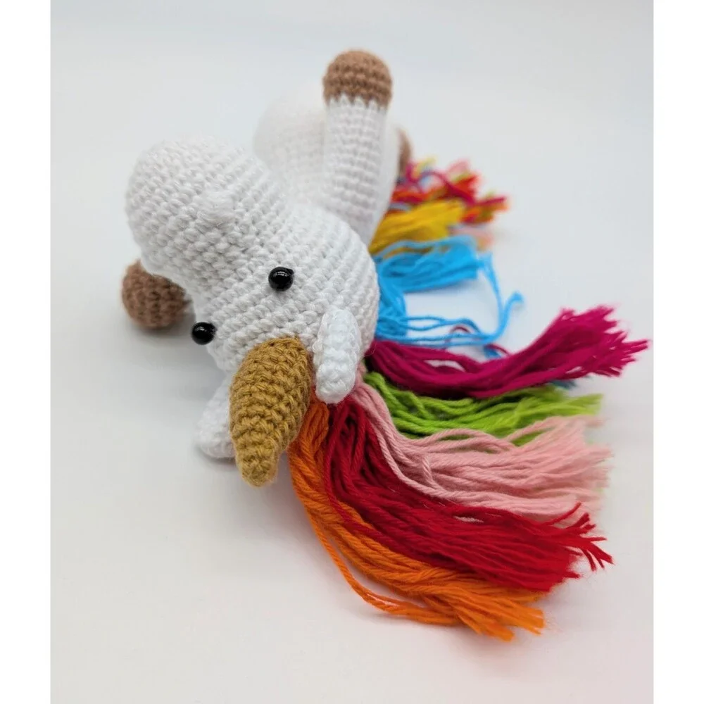 Handmade Crochet Unicorn Plush Stuffed Animal White Rainbow Mane And Tail 8.75